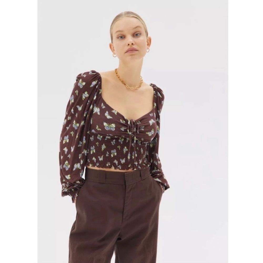 Urban Outfitters Brown Butterfly Puff Sleeve Old Soul Smocked Top